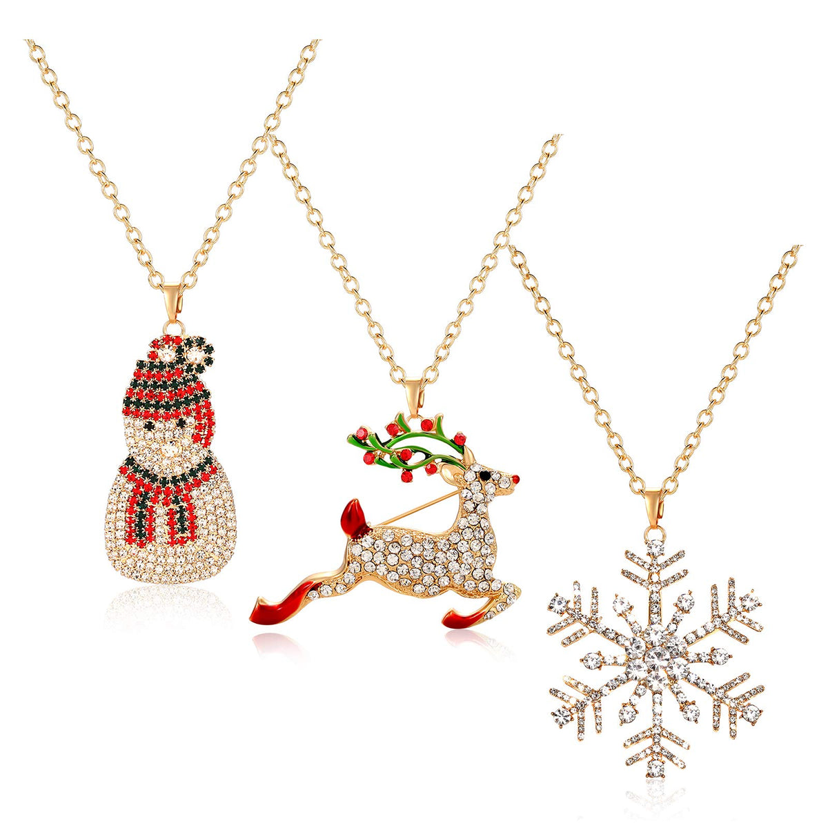 BSJELL Long Christmas Necklace Pave Rhinestone Reindeer Snowflake Snowman Pendant Necklace Xmas Santa Holiday Festive Necklace Jewelry 3 Pack