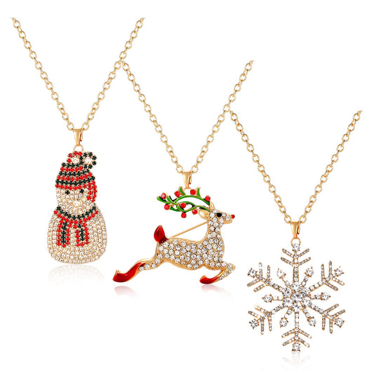 BSJELL Long Christmas Necklace Pave Rhinestone Reindeer Snowflake Snowman Pendant Necklace Xmas Santa Holiday Festive Necklace Jewelry 3 Pack